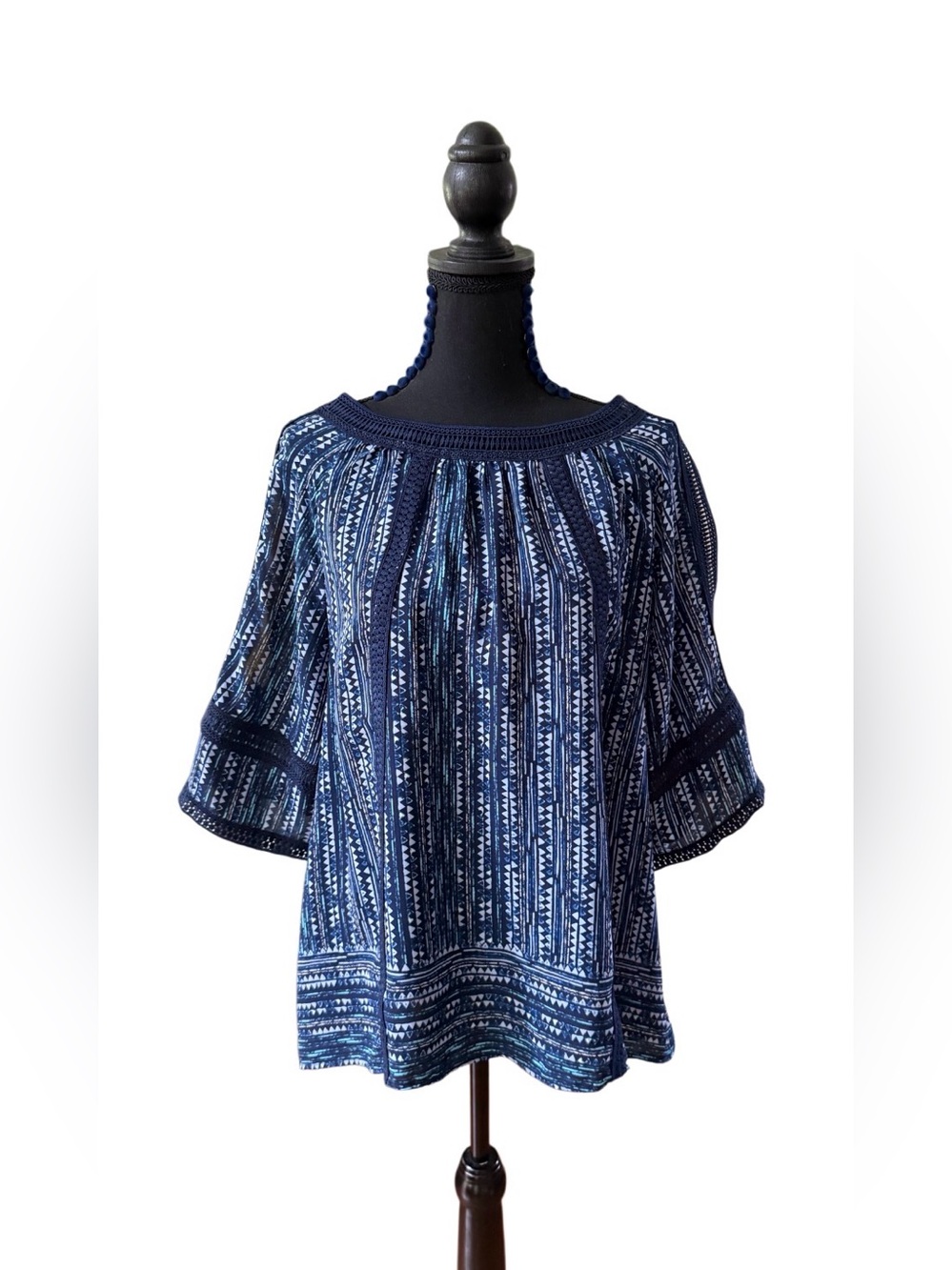 new directions Navy & Blue Patterned Loose Fit Scoop Neck Blouse